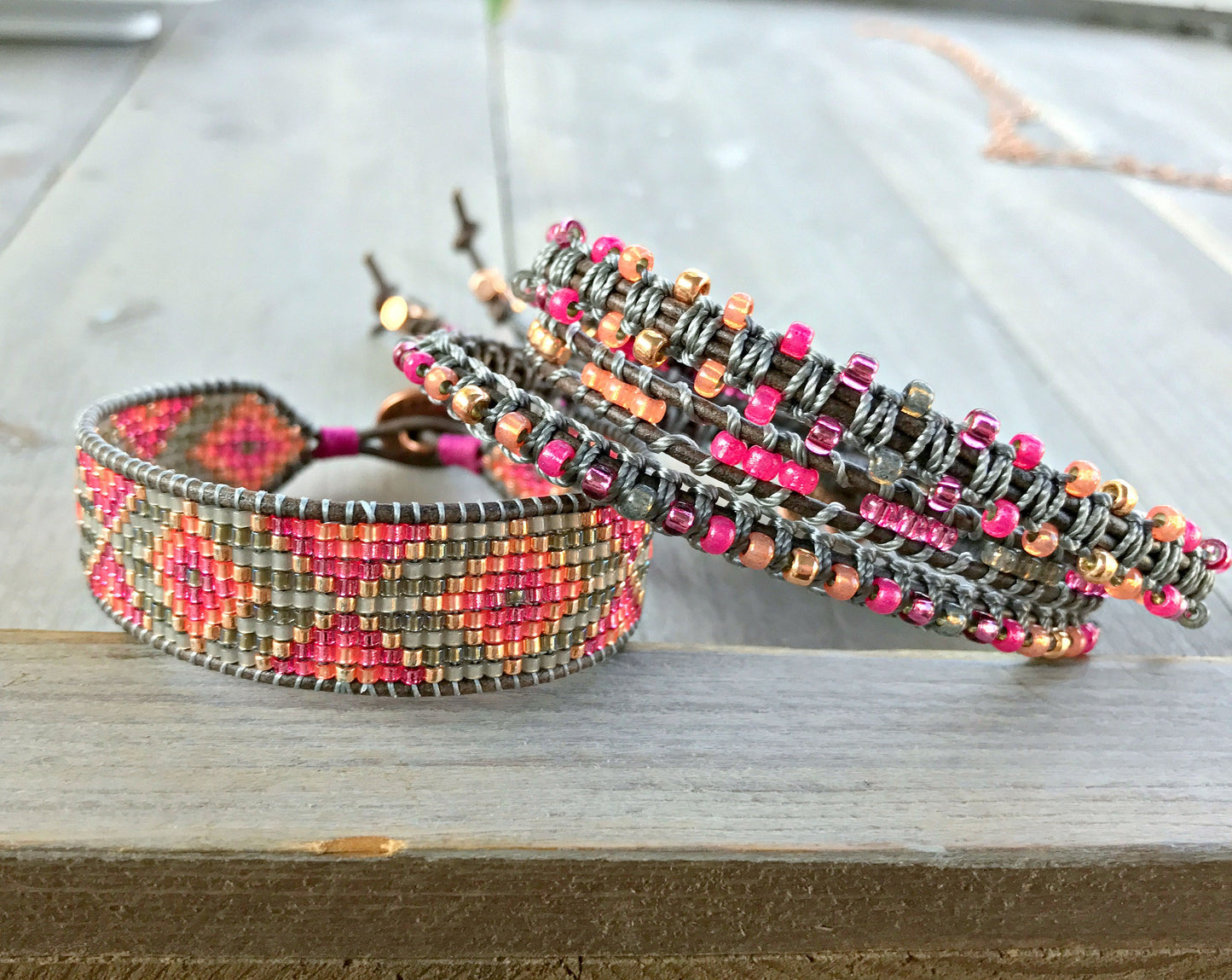 Gray and Faded Hot Pink 3x macrame Leather Wrap Bracelet