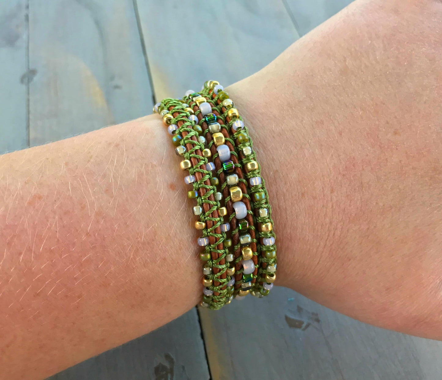 Olive Blush and Gold Macrame Leather Wrap Bracelet