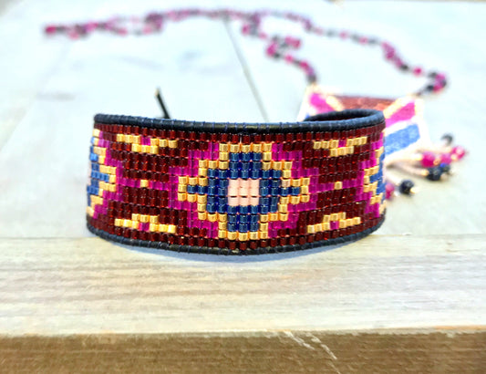 Maroon Navy Gold and Pink Southwestern Style Loom Beaded Bracelet