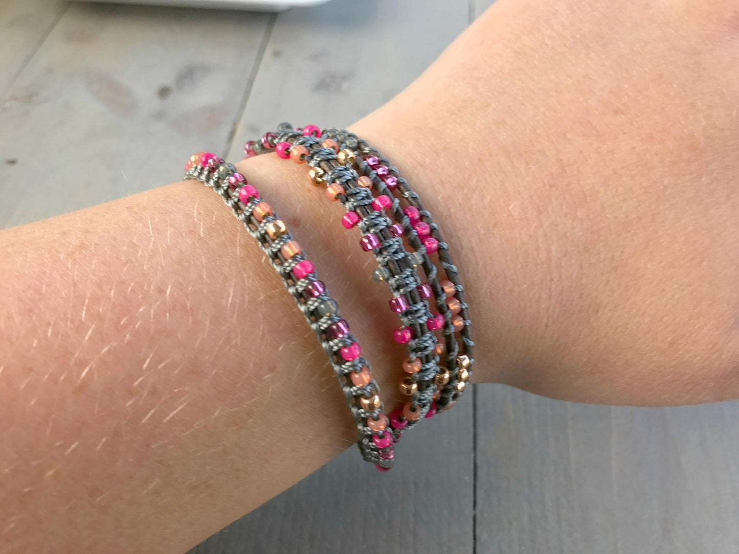 Gray and Faded Hot Pink 3x macrame Leather Wrap Bracelet