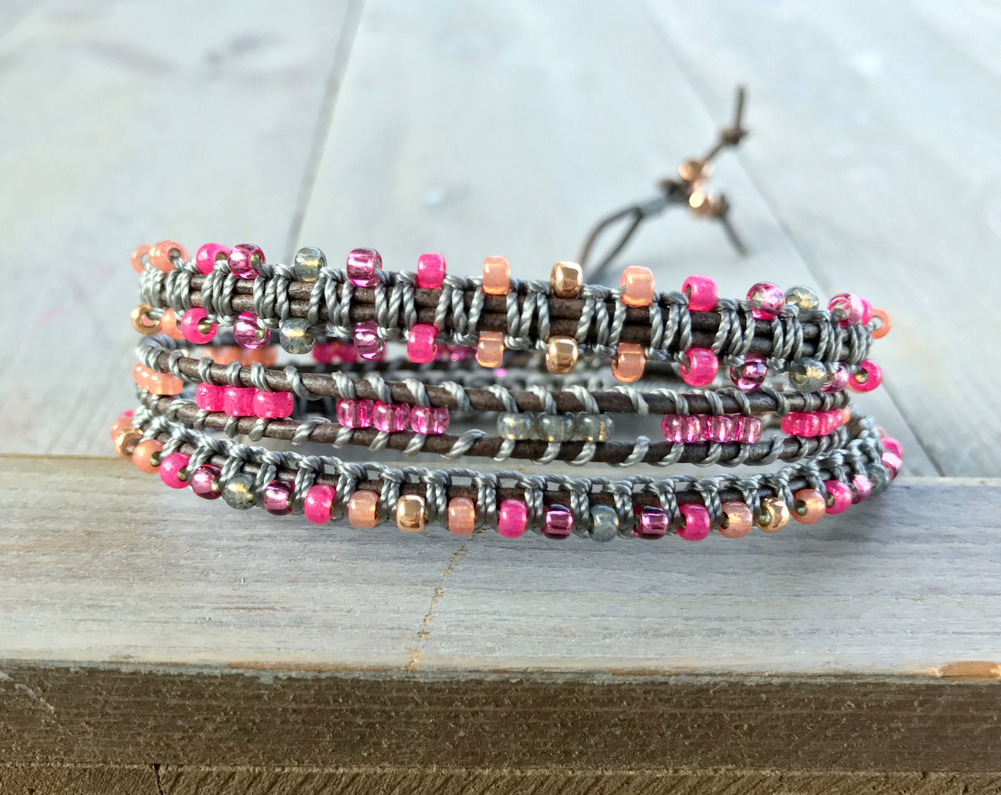 Gray and Faded Hot Pink 3x macrame Leather Wrap Bracelet