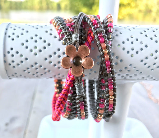 Hot Pink and Gray Macrame Woven 5x beaded friendship bracelet