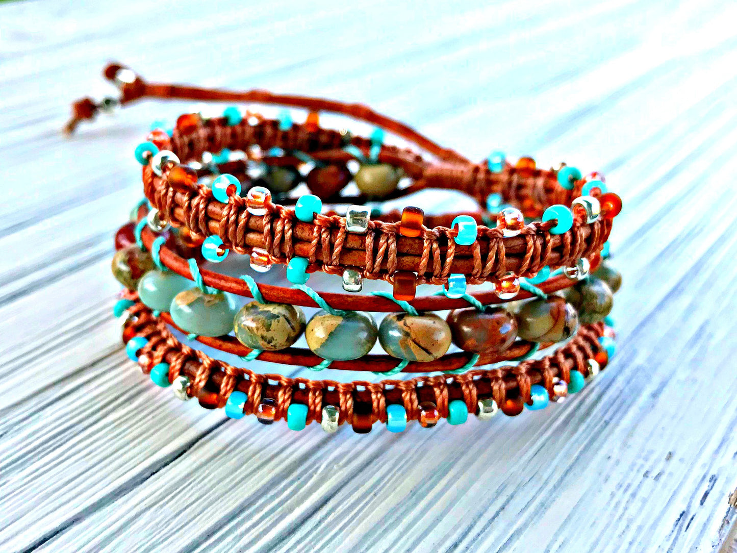 Aqua Terra Jasper Macrame 3 Wrap Leather Bracelet