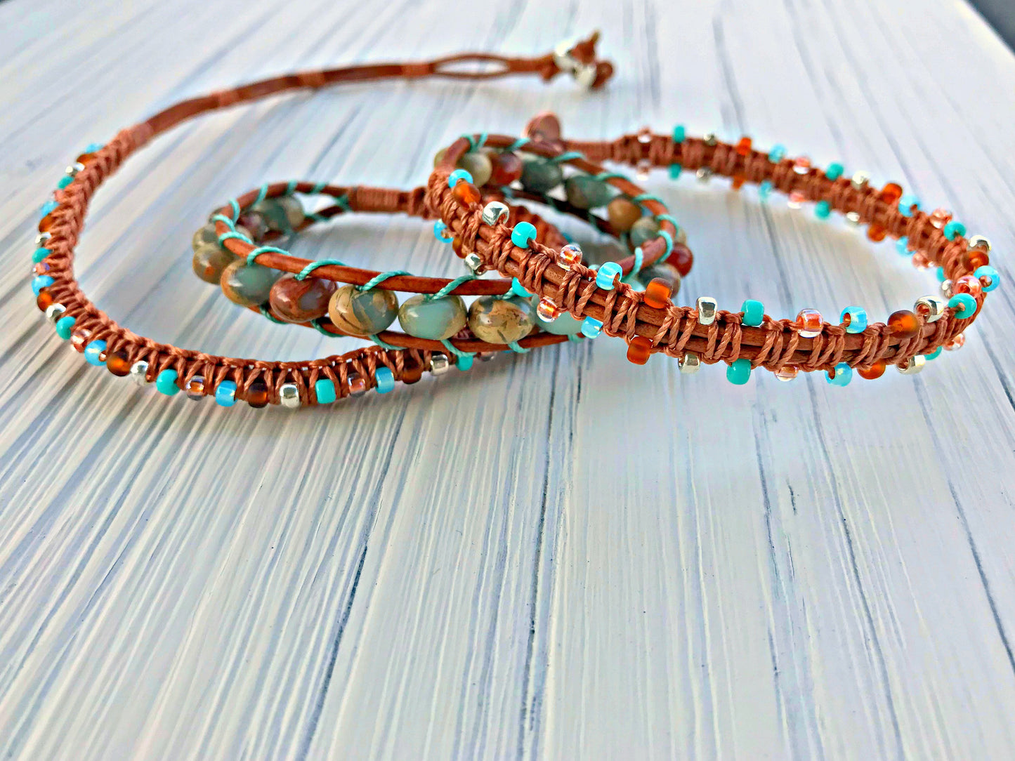 Aqua Terra Jasper Macrame 3 Wrap Leather Bracelet