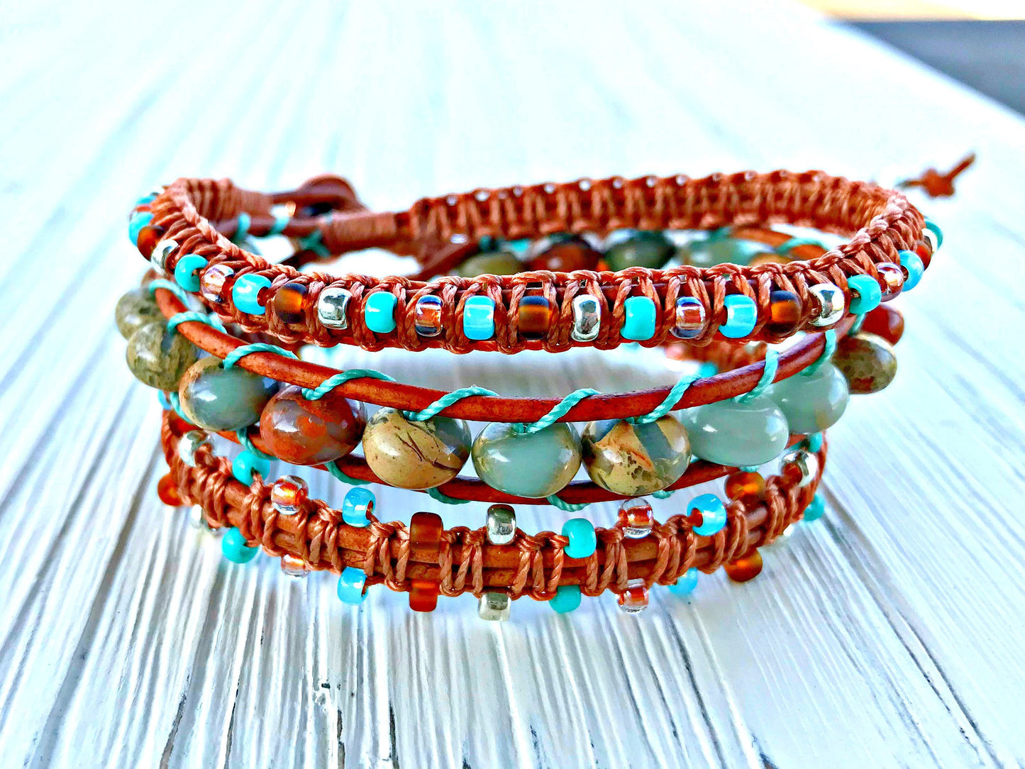 Aqua Terra Jasper Macrame 3 Wrap Leather Bracelet