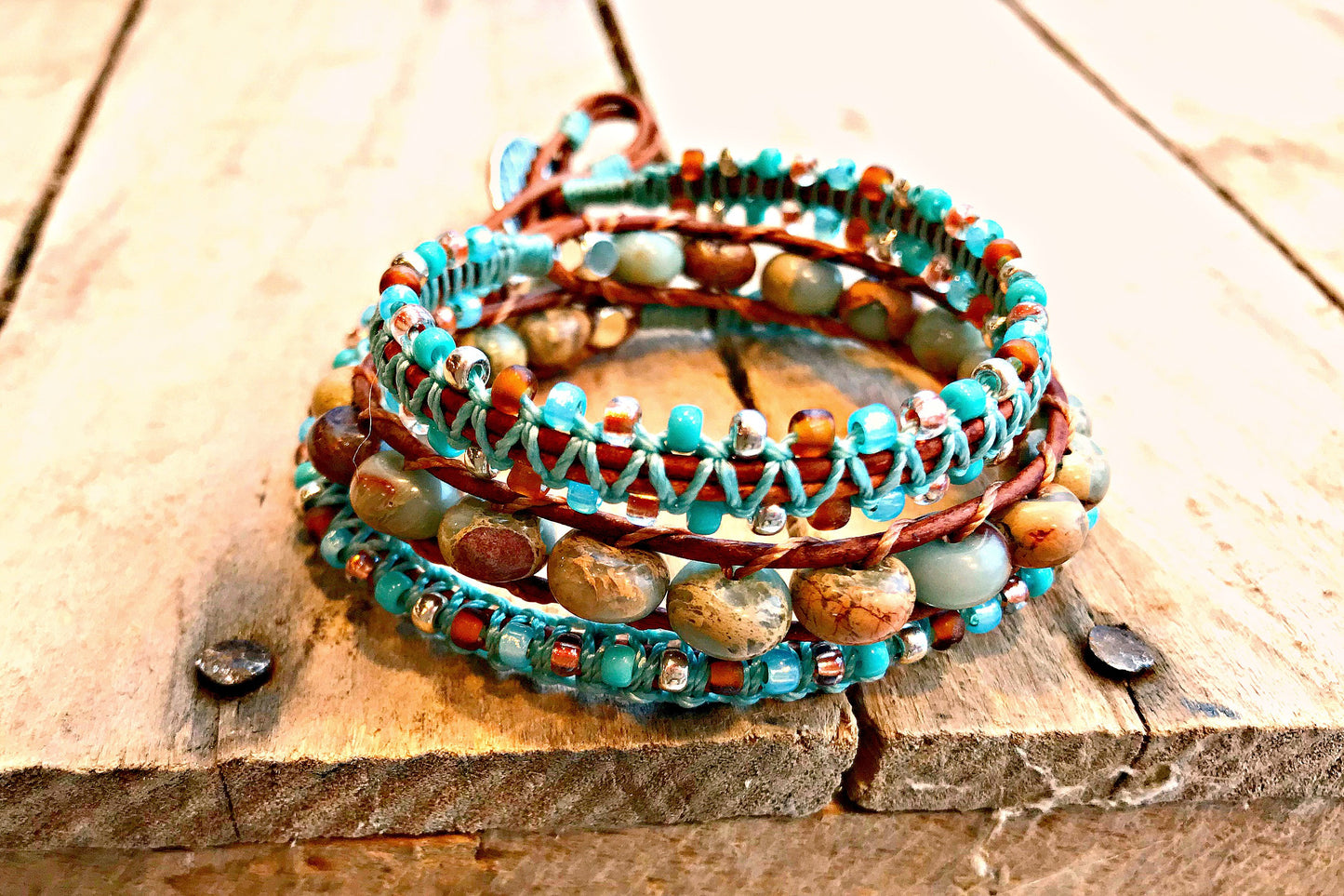 Aqua Terra Jasper Macrame 3 Wrap Leather Bracelet