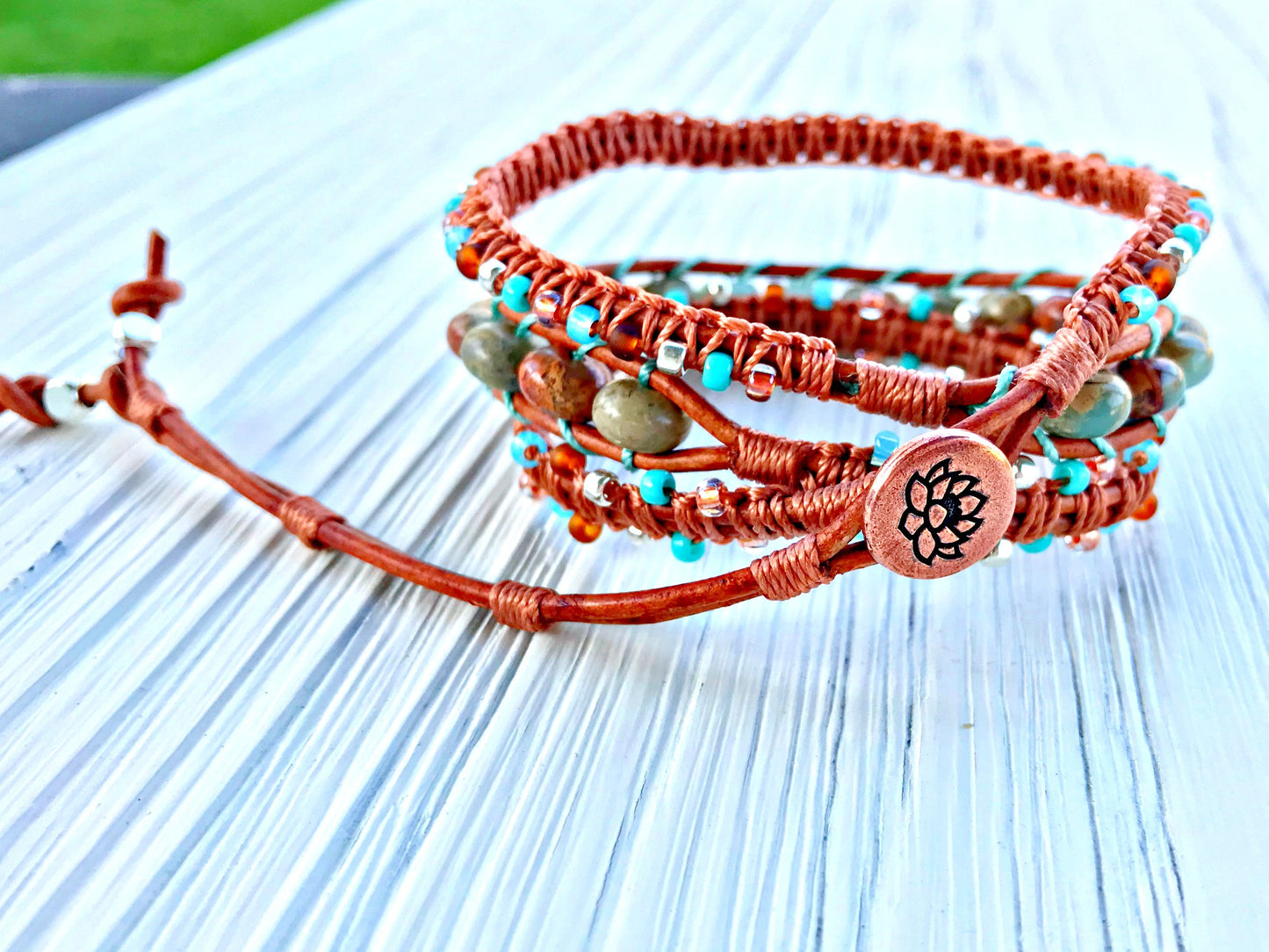 Aqua Terra Jasper Macrame 3 Wrap Leather Bracelet