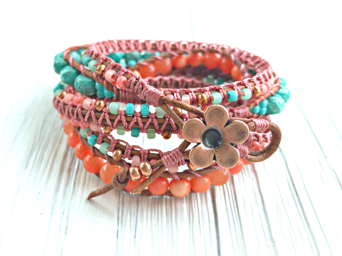 Turquoise and Coral Gemstone Macrame 5 Wrap Bracelet