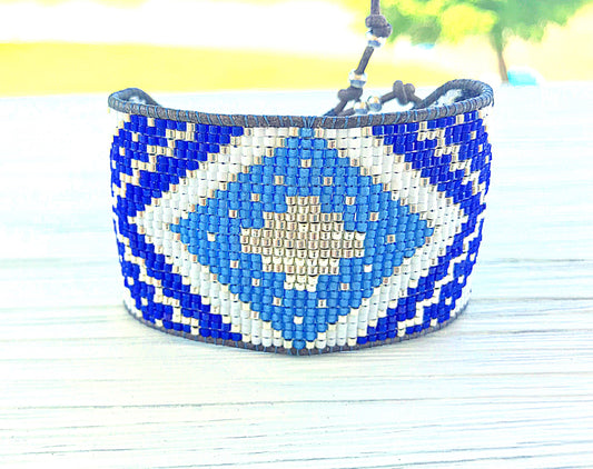 Bright Blue Aztec Extra wide Geometric bead loom woven cuff