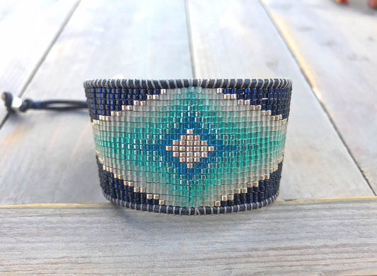 Navy Seas Diamond Burst Loom Bracelet, bead loom woven