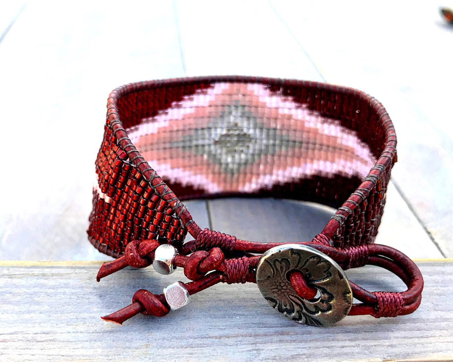 Maroon and Blush Diamond Burst Loom Bracelet