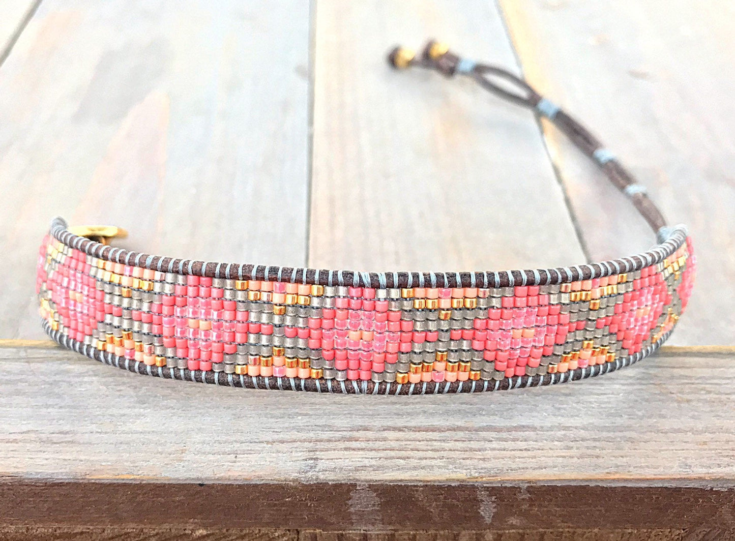 Coral and Gray Geometric Bead Loom Woven Bracelet