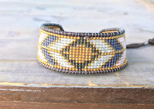 Gold Geometric Chevron Bead Loom Woven Bracelet, gift for her