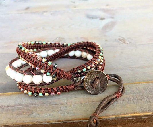 White Turquoise Macrame 3 Wrap Leather Bracelet