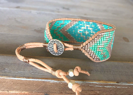 Seafoam and Silver Loom Woven Tribal Chevron beaded friendship bracelet,