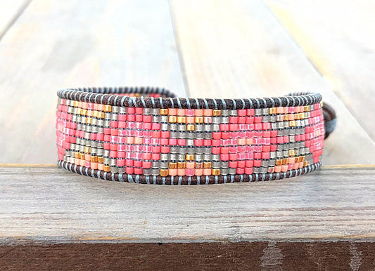 Coral and Gray Geometric Bead Loom Woven Bracelet