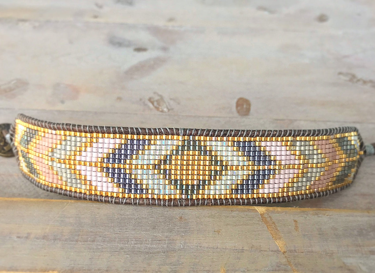 Gold Geometric Chevron Bead Loom Woven Bracelet, gift for her