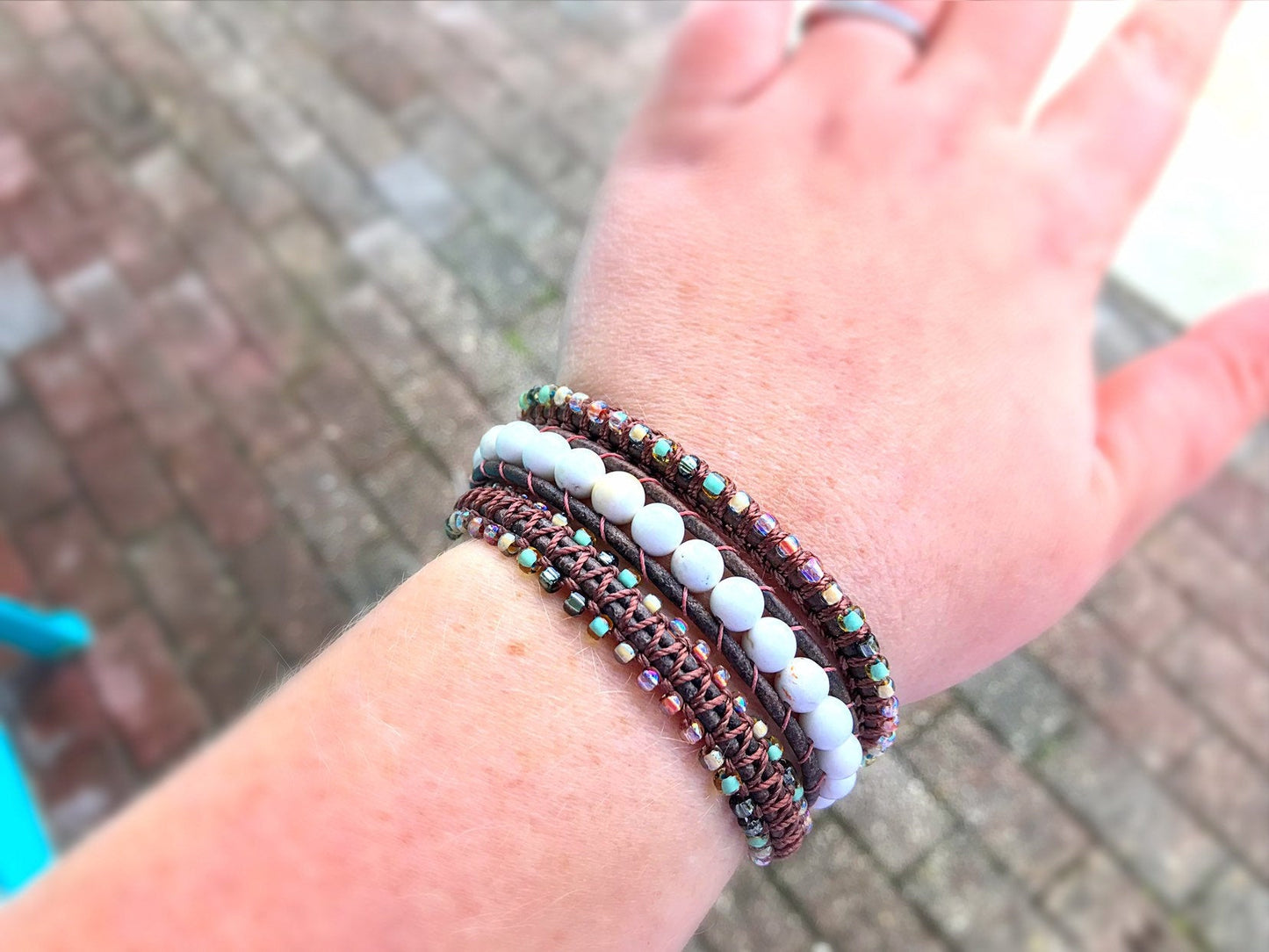 White Turquoise Macrame 3 Wrap Leather Bracelet