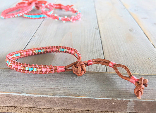 Coral and Turquoise Ladder Woven Leather Stack bracelet