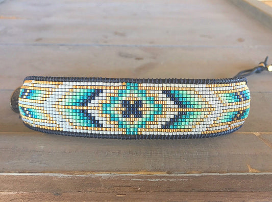 Navy,Teal, and Gold Bohemian Loom Woven Southwestern Tribal Beaded Bracelet