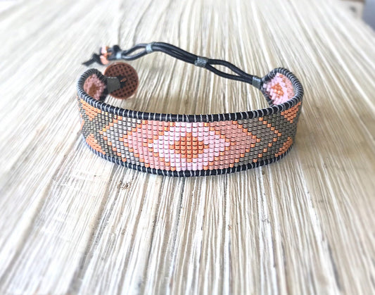 Rose Gold and Gray Bead Loom Woven Leather Cuff Bracelet