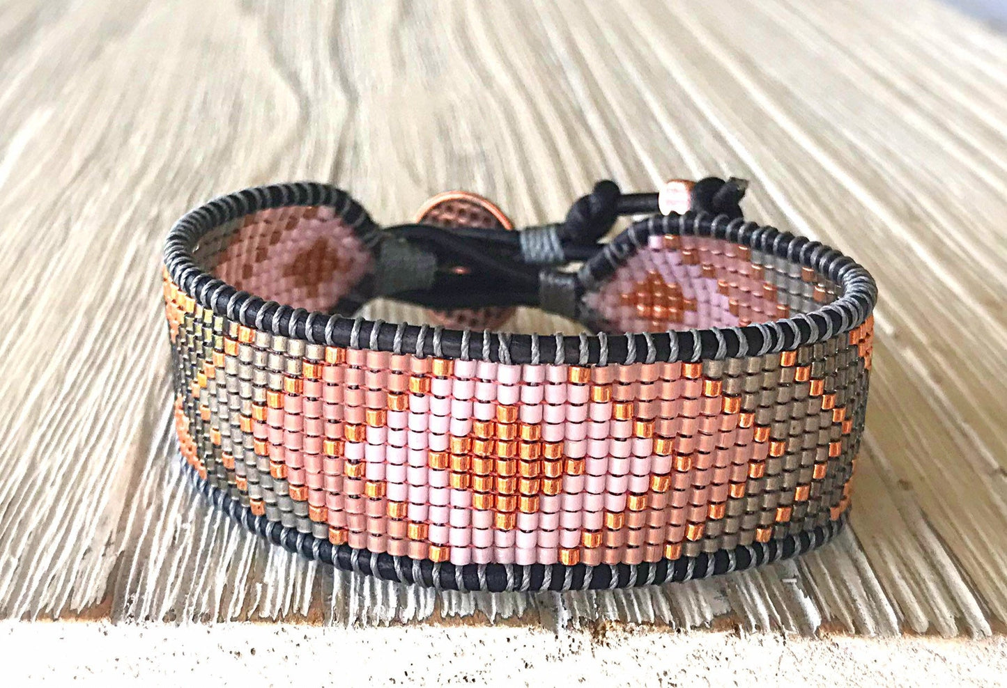 Rose Gold and Gray Bead Loom Woven Leather Cuff Bracelet