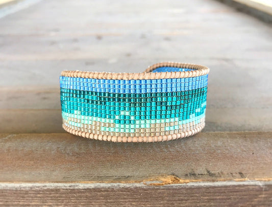 Beach Loom Beaded Bracelet, Bead woven Leather bracelet