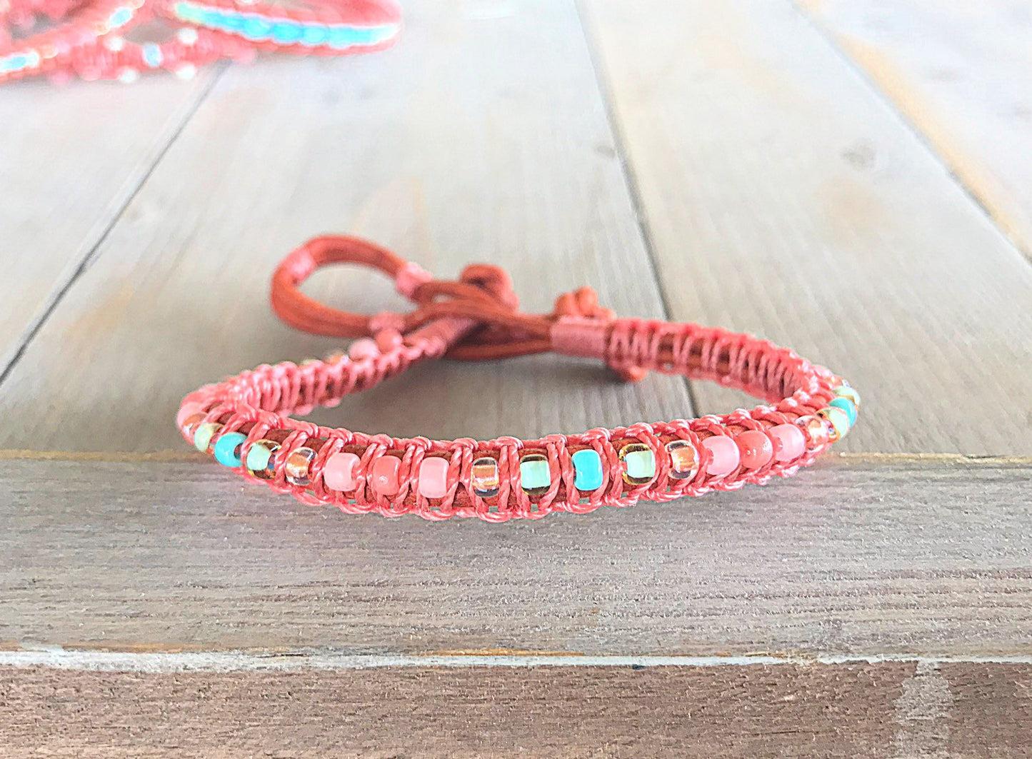 Turquoise and Coral Top Beaded Macrame Woven Leather Stack bracelet