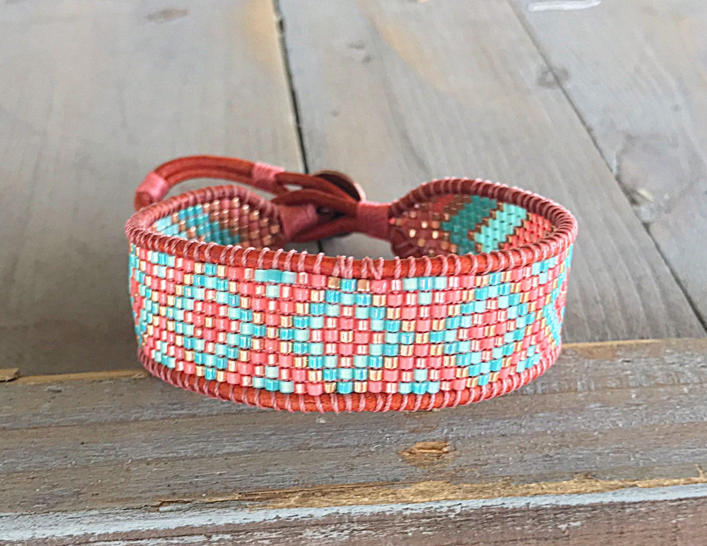 Turquoise, Coral and Copper Beaded Diamond and Chevron Loom Woven cuff Bracelet