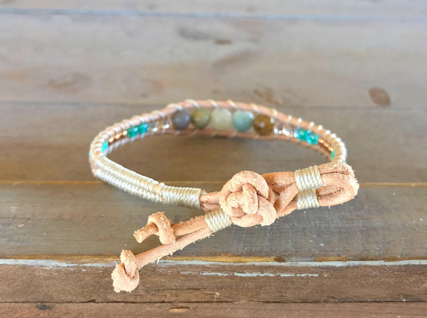 Amazonite Center Aqua, Tan, and Rose Gold Beaded Leather Stack Bracelet