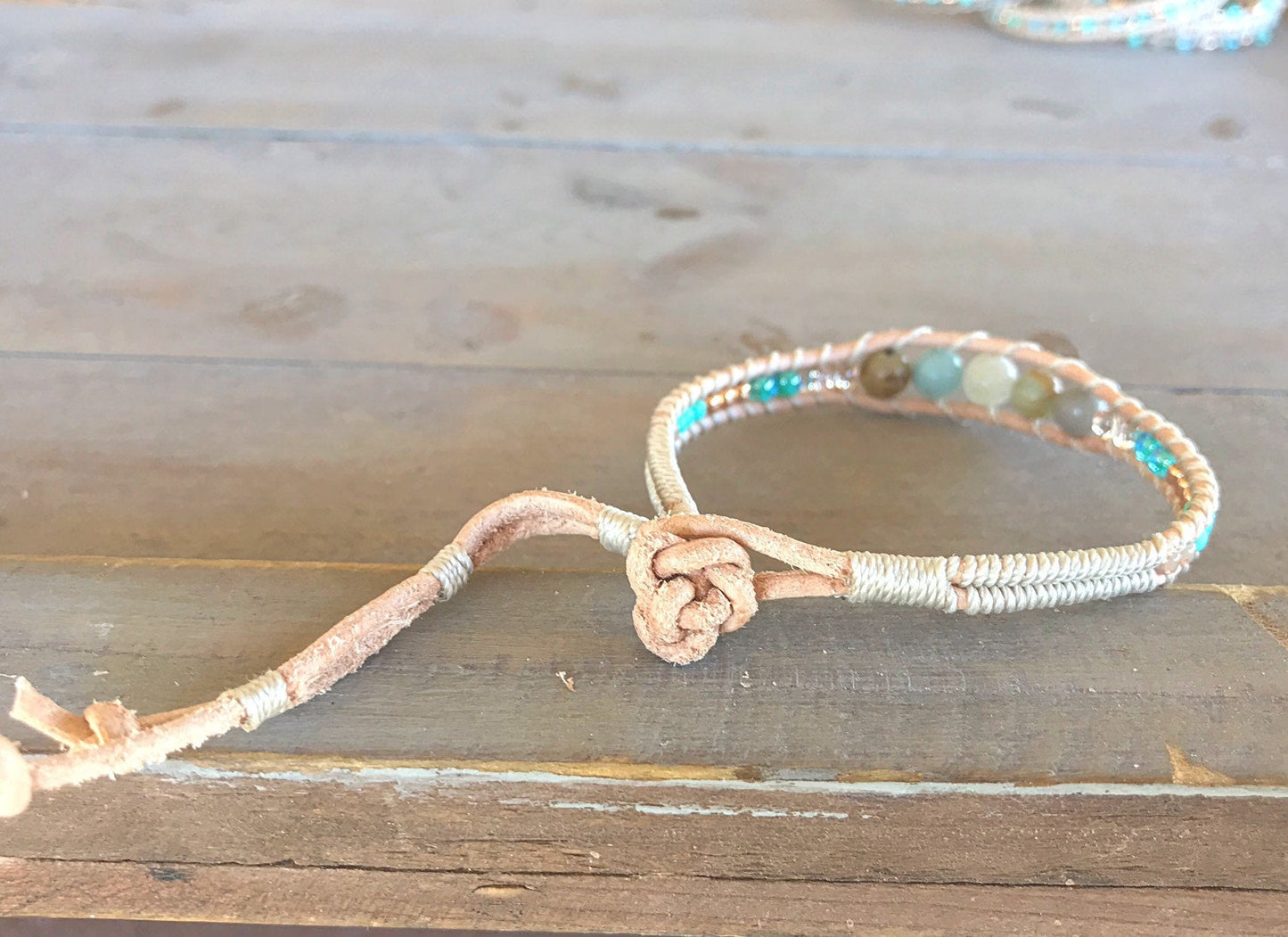 Amazonite Center Aqua, Tan, and Rose Gold Beaded Leather Stack Bracelet
