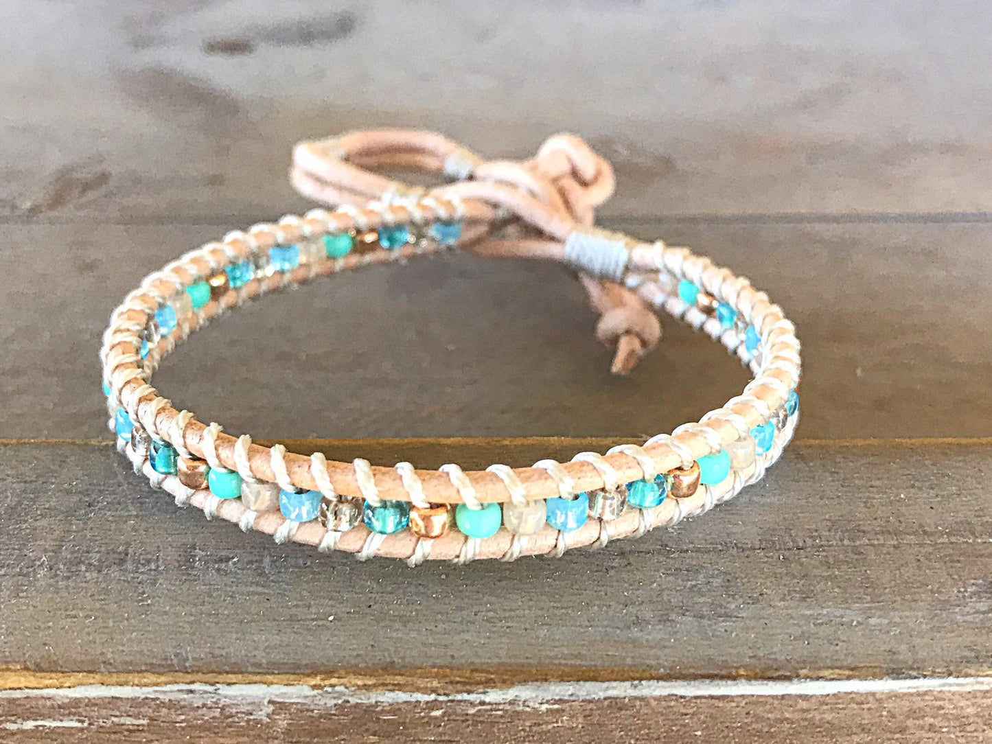 Aqua, Tan, and Rose Gold Beaded Leather Single Wrap Bracelet