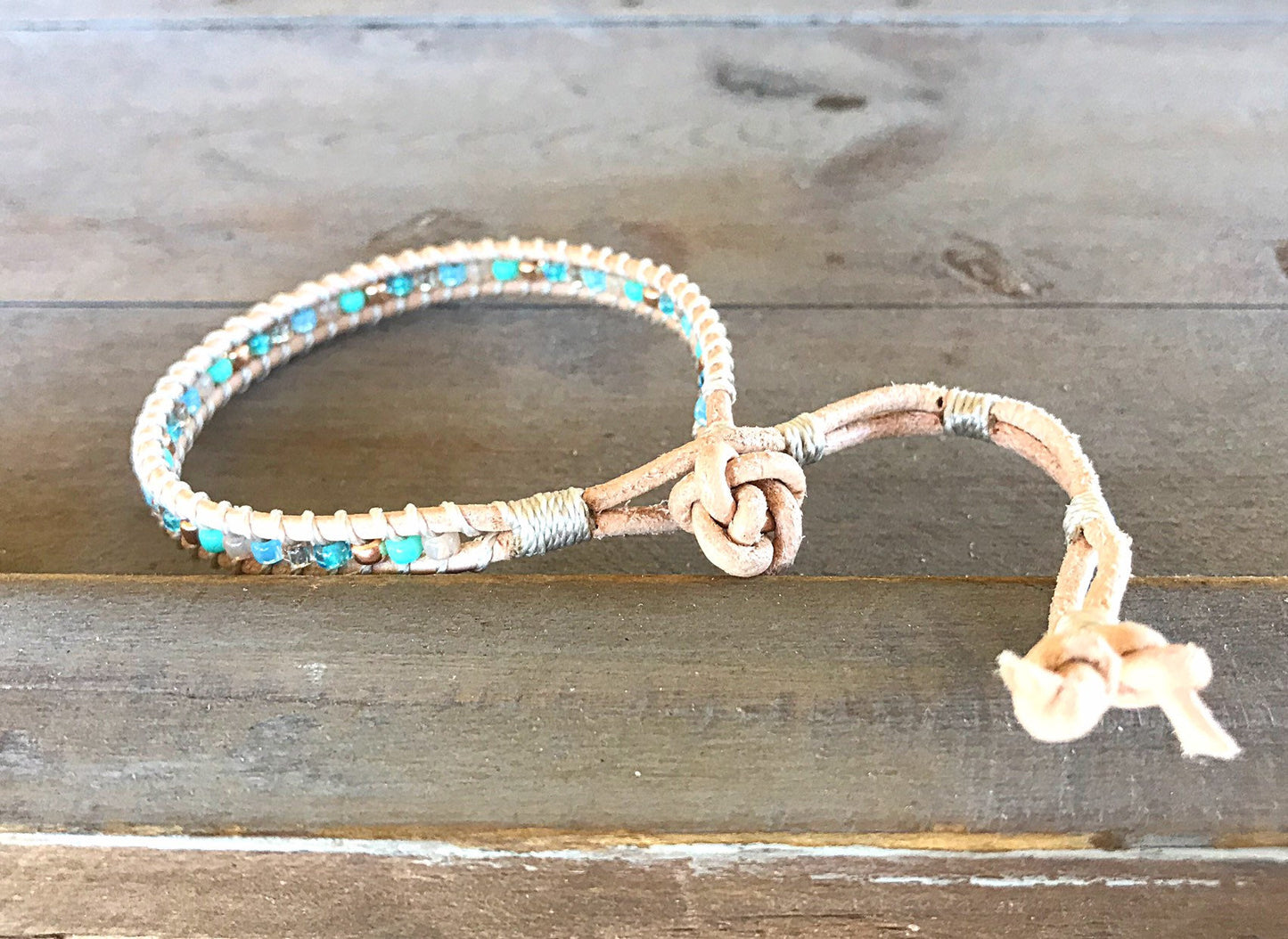 Aqua, Tan, and Rose Gold Beaded Leather Single Wrap Bracelet