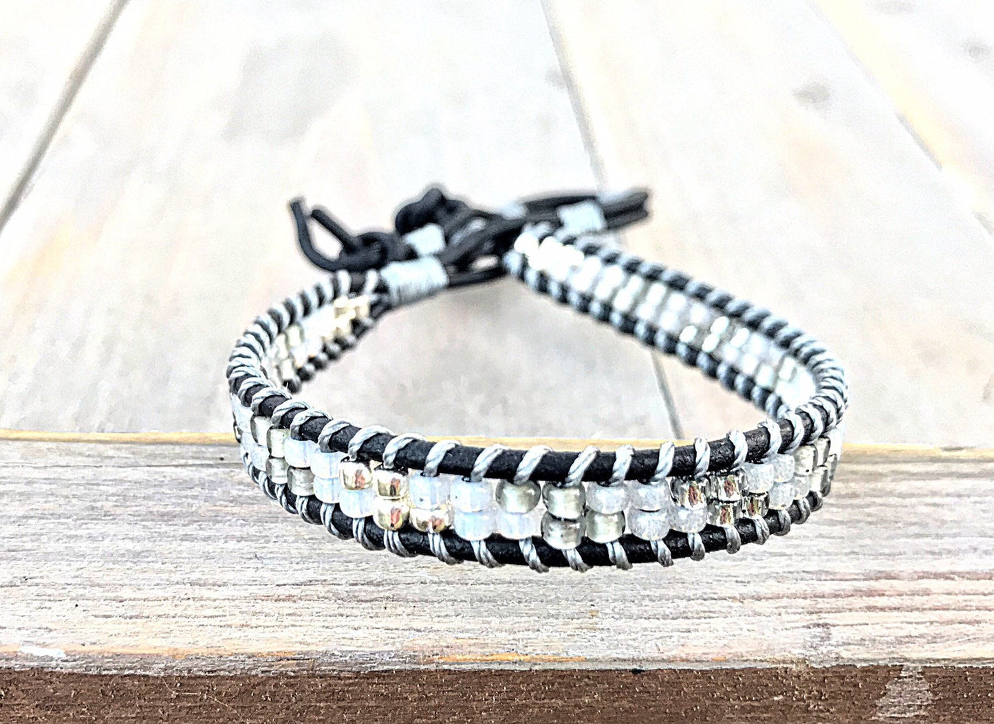 Black, Gray, and Silver Beaded Leather Single Wrap Bracelet
