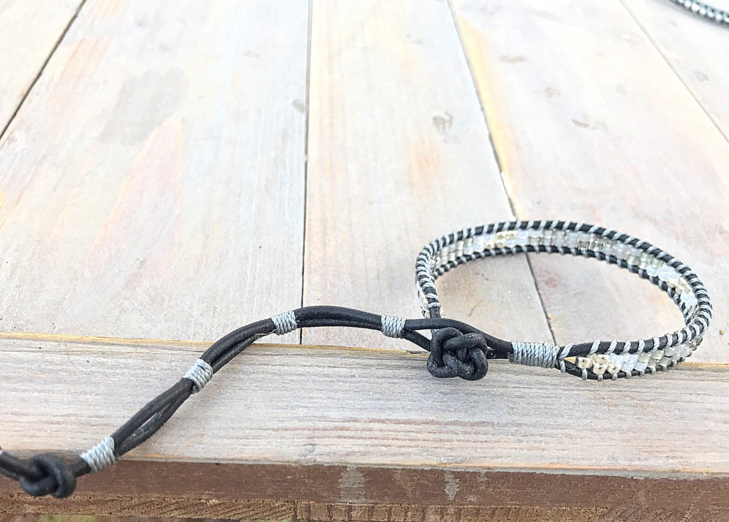 Black, Gray, and Silver Beaded Leather Single Wrap Bracelet