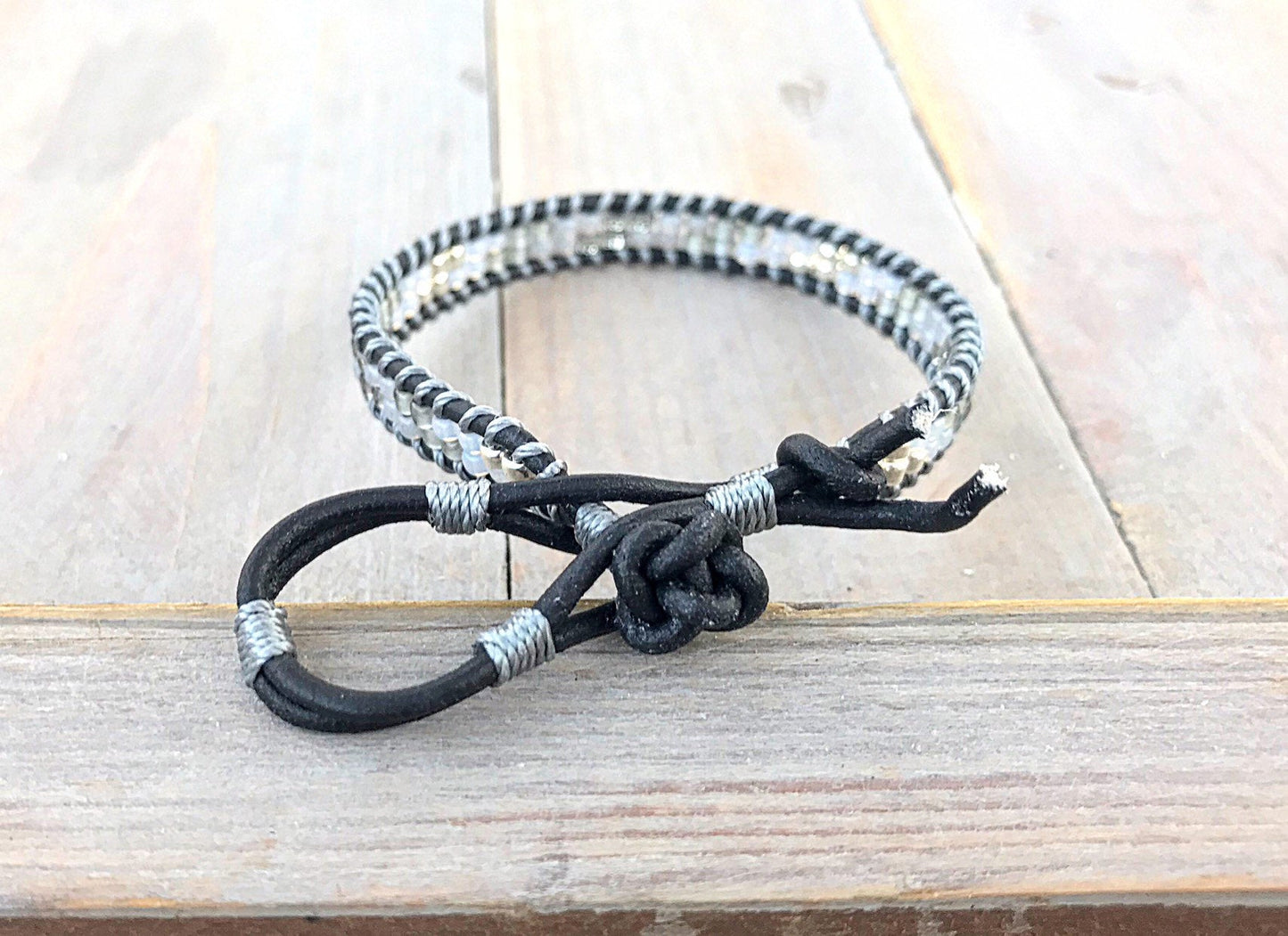 Black, Gray, and Silver Beaded Leather Single Wrap Bracelet