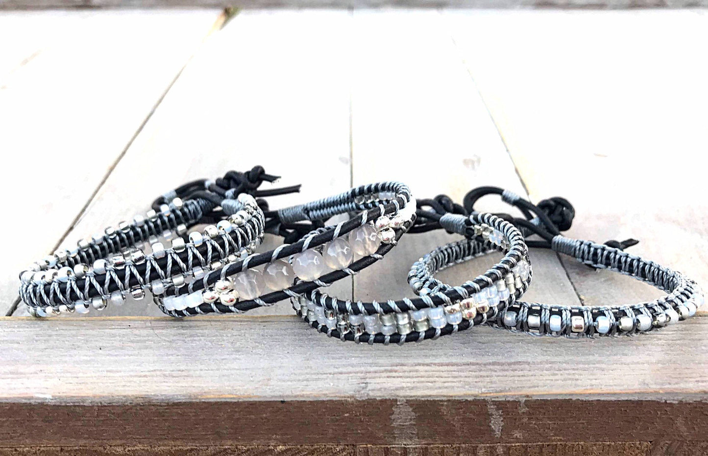 Black, Gray, and Silver Beaded Leather Single Wrap Bracelet