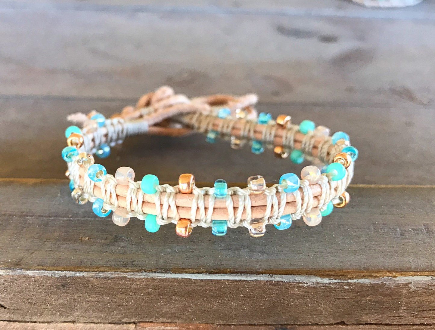 Aqua, Tan, and Rose Gold Side Macrame Beaded Leather Single Wrap Bracelet