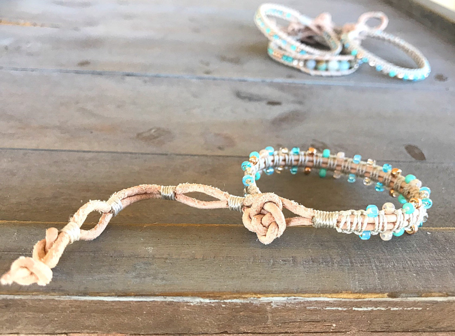 Aqua, Tan, and Rose Gold Side Macrame Beaded Leather Single Wrap Bracelet