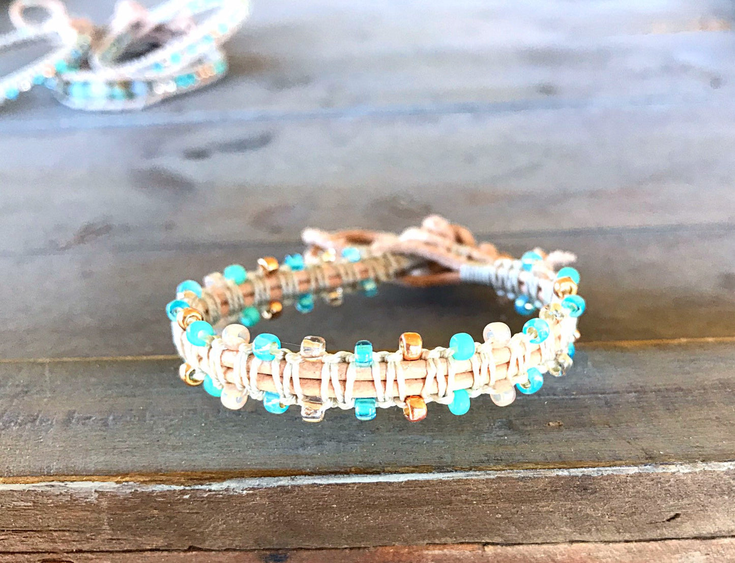 Aqua, Tan, and Rose Gold Side Macrame Beaded Leather Single Wrap Bracelet
