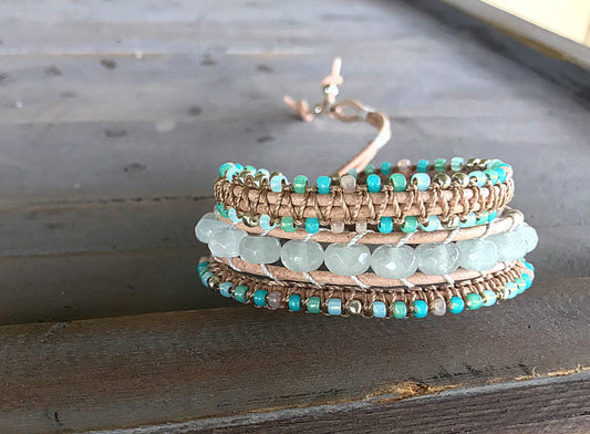 Seafoam Jade and Macrame Boho 3x wrap bracelet