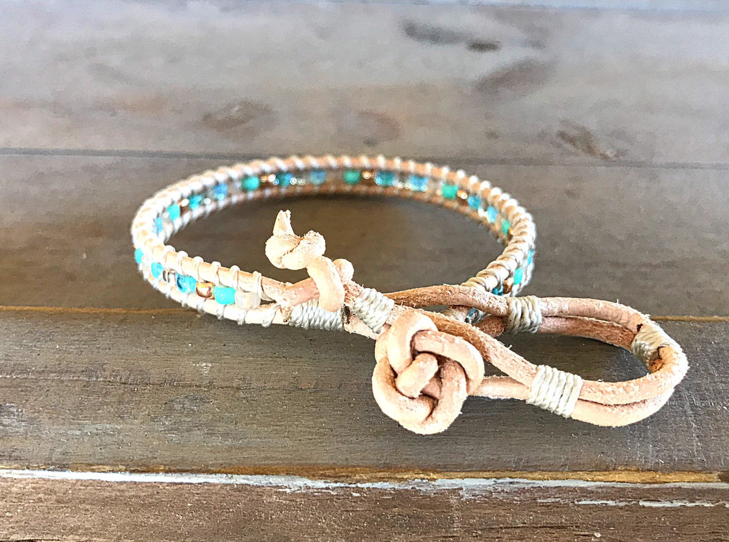 Aqua, Tan, and Rose Gold Beaded Leather Single Wrap Bracelet