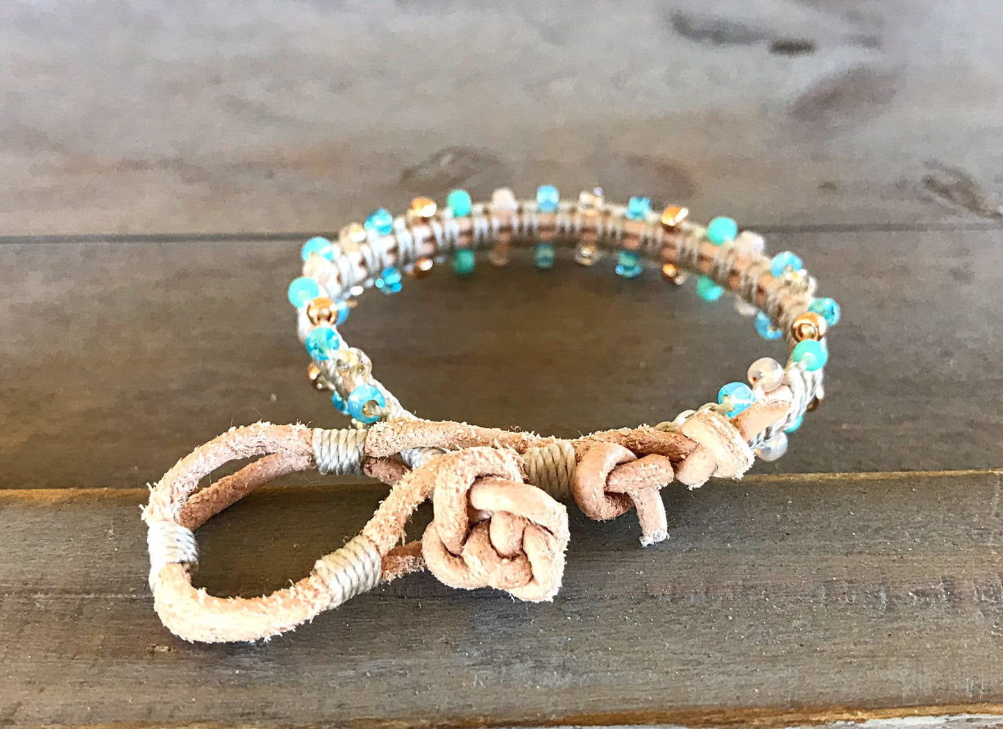 Aqua, Tan, and Rose Gold Side Macrame Beaded Leather Single Wrap Bracelet