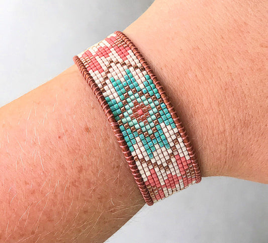 Turquoise and Coral Tribal Pattern Bead Loom Bracelet