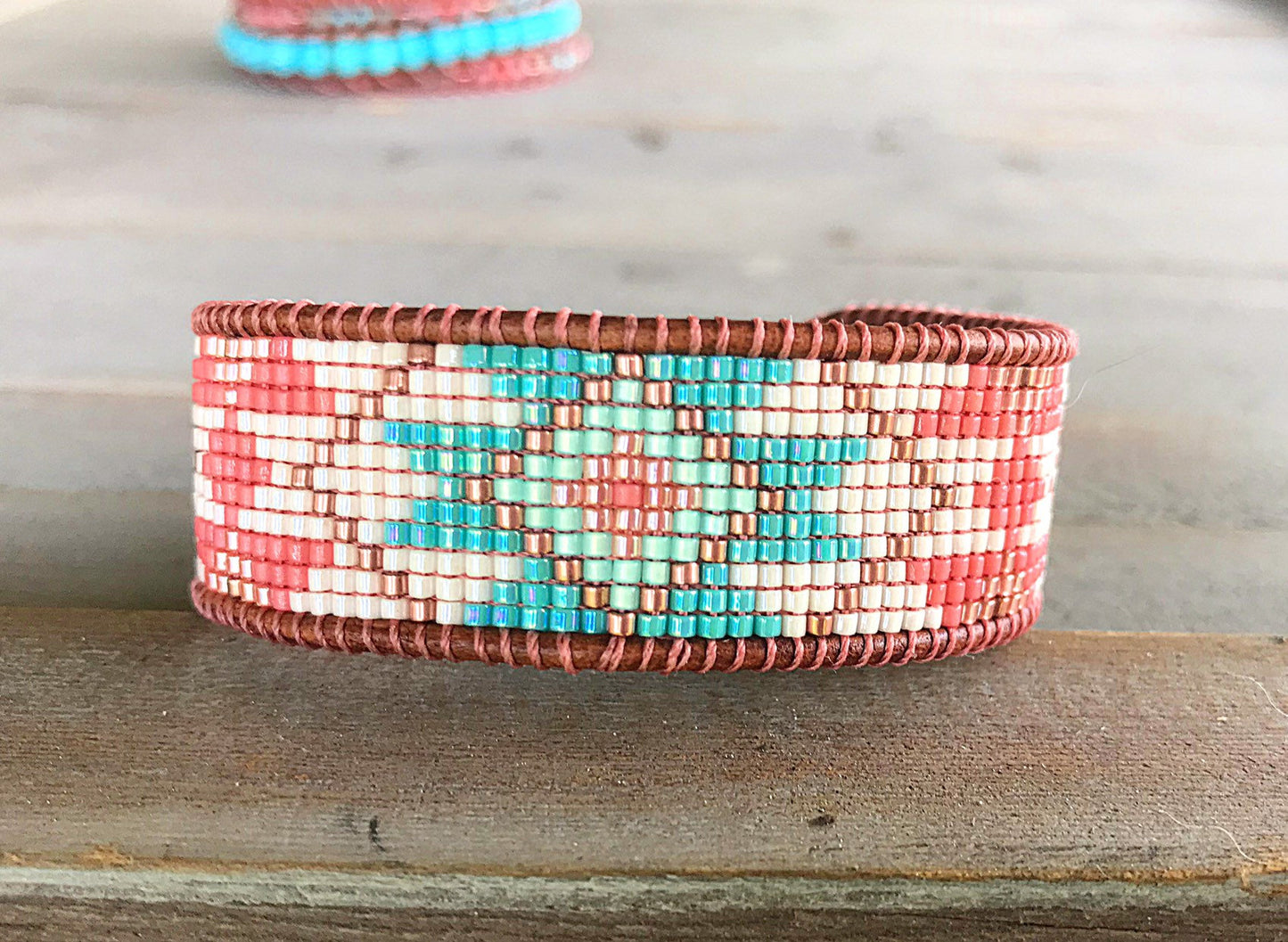 Turquoise and Coral Tribal Pattern Bead Loom Bracelet