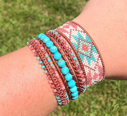 Turquoise and Coral Macrame Wrap bracelet, boho bracelet