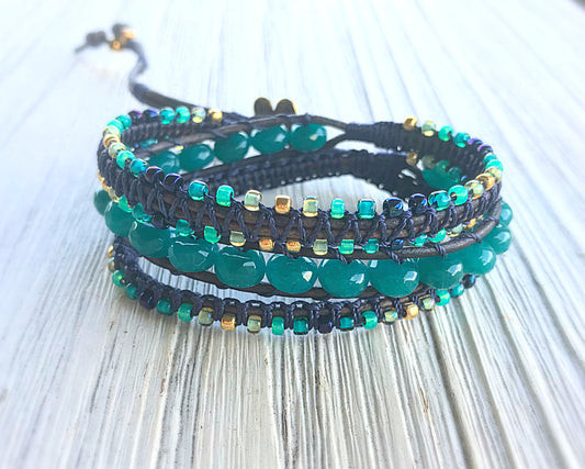 Navy, Gold, and Seafoam Macrame and Jade Wrap bracelet, boho bracelet, bohemian gift for her