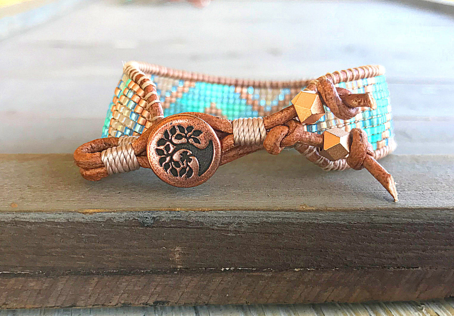 Aqua and Rose Gold Tribal Loom Beaded Leather Bracelet