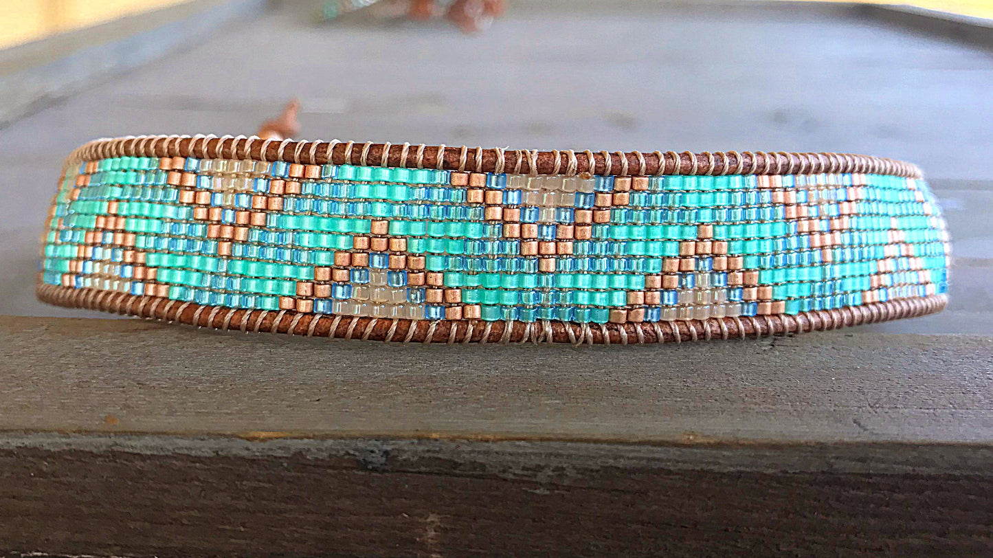 Aqua and Rose Gold Tribal Loom Beaded Leather Bracelet