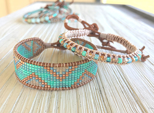 Aqua and Rose gold Loom and Macrame Bracelet stack set